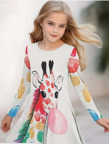 Girls Cute Giraffe Graphic Crew Neck Long Sleeve Dress