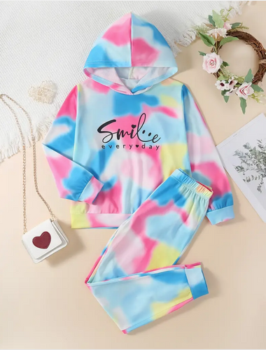 Girls Tie-Dye SMILE EVERYDAY Print Hoodie & Jogger Pants Set