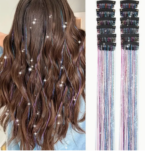 12Pcs Sparkling Hair Tinsel Extensions Clips