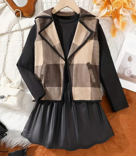 Girl's Plaid Vest & Ribbed Long Sleeve Top & PU Leather Mini Skirt