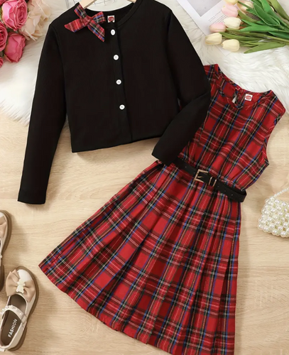 2Pcs Crew Neck Long-Sleeve Bow Cardigan Top + Sleeveless Plaid Dress