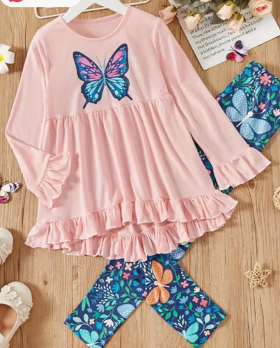 Girls Butterfly Print Ruffled Hem Long-sleeve Top and Matching Leggings