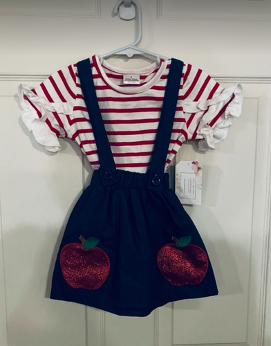 Girls Short Sleeve Striped Tee and Matching Apple Applique Jumper