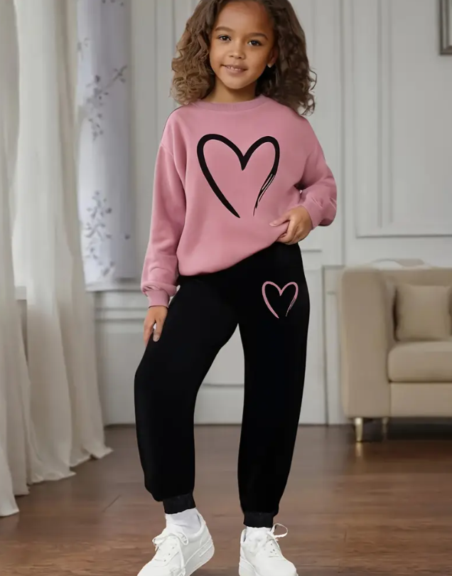 Girls' Cozy Heart Print Sweatshirt & Solid Color Joggers