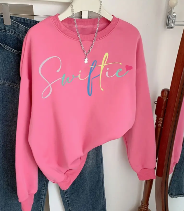 Girls' Cozy Swiftie Print Long Sleeve Crew Neck Sweatshirt