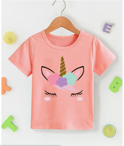 Pink Casual Round Neck Girls Unicorn Tee