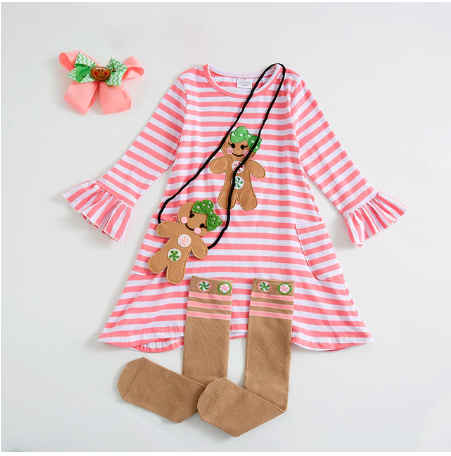 Ruffled Sleeve Gingerbread Print Dress